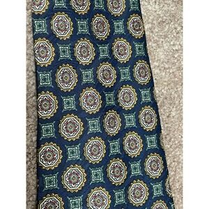 Vintage All Silk Geometric Tie Dark Blue Green Fabric Hand Made Grandpa Core
